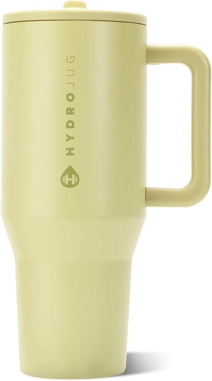 HydroJug Traveler - Botella de agua 32 oz con asa y pajilla abatible, apto para soporte para vasos, resistente a fugas, reutilizable, aislado, acero inoxidable y base de goma, unisex, rosado arena