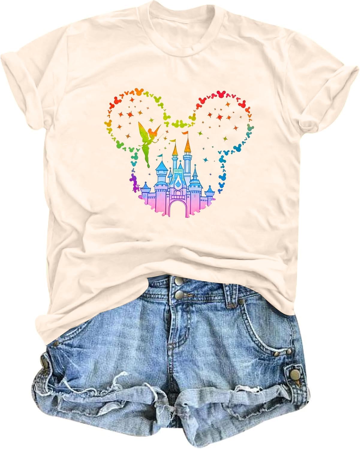Camiseta de manga corta con diseño de castillo mágico para mujer, diseño de hadas, informal, para vacaciones, vacaciones