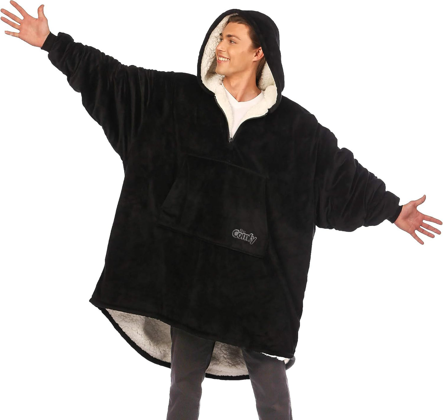 THE COMFY Original - Manta de forro polar de microfibra con forro sherpa, diseño de gran tamaño con capucha y bolsillo de Shark Tank