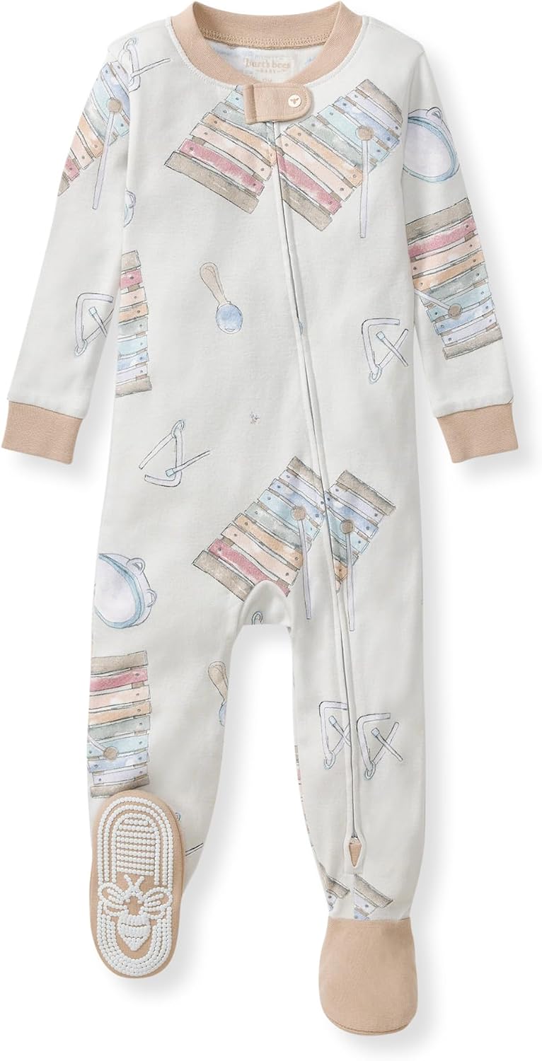 Burt's Bees Baby Pijama de algodón orgánico para niños, ajuste cómodo con pies | Convenient 2-way zip front sleeper pajama is equipped with non-slip bee grips for active littles on the move