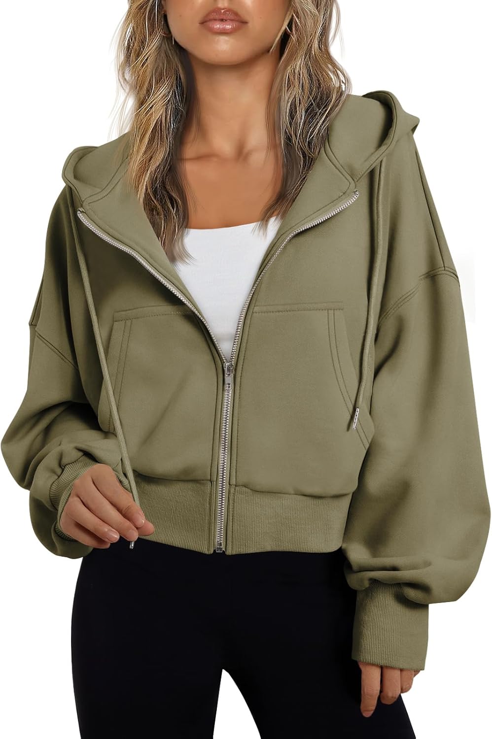 Trendy Queen Sudadera con capucha y cremallera para mujer, ligera, con hombros caídos, chaqueta atlética casual