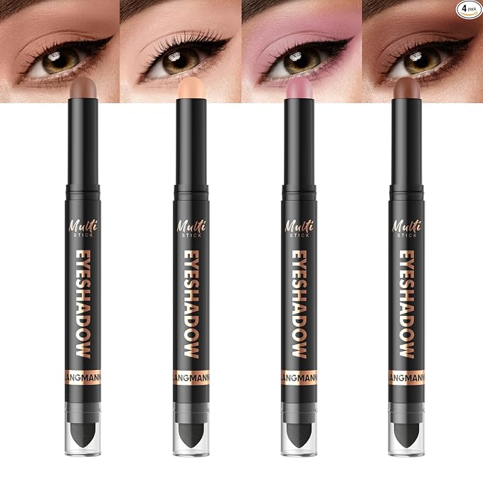LANGMANNI 8Colors Dual-Ended Cream Eyeshadow Stick Set – Silky Smooth, Waterproof & Transfer-Proof, Built-in Blender Brush, All-Day Matte & Shimmer Wear Eye Makeup(#A)