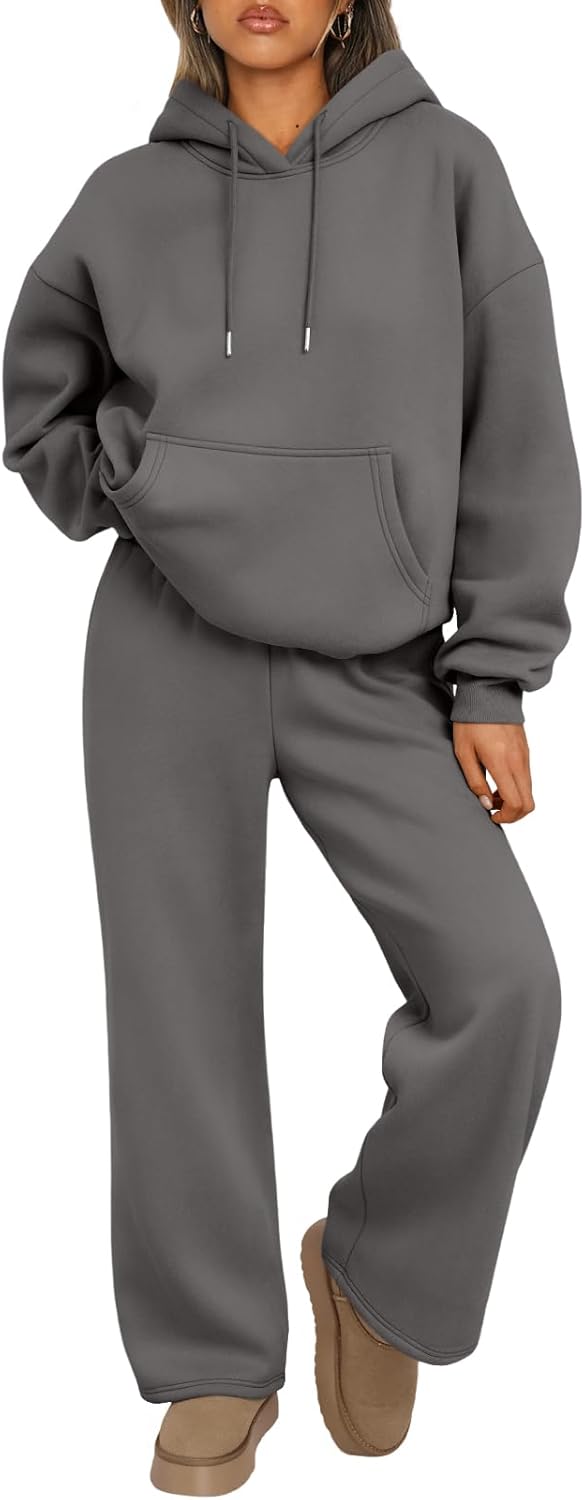 Trendy Queen Conjunto de dos piezas para mujer, ropa de descanso de otoño, conjuntos de moda con sudadera holgada y pantalones de pierna ancha, ropa de invierno | Oversized Drawstring Hoodies&Wide Leg Sweatpants Outfits