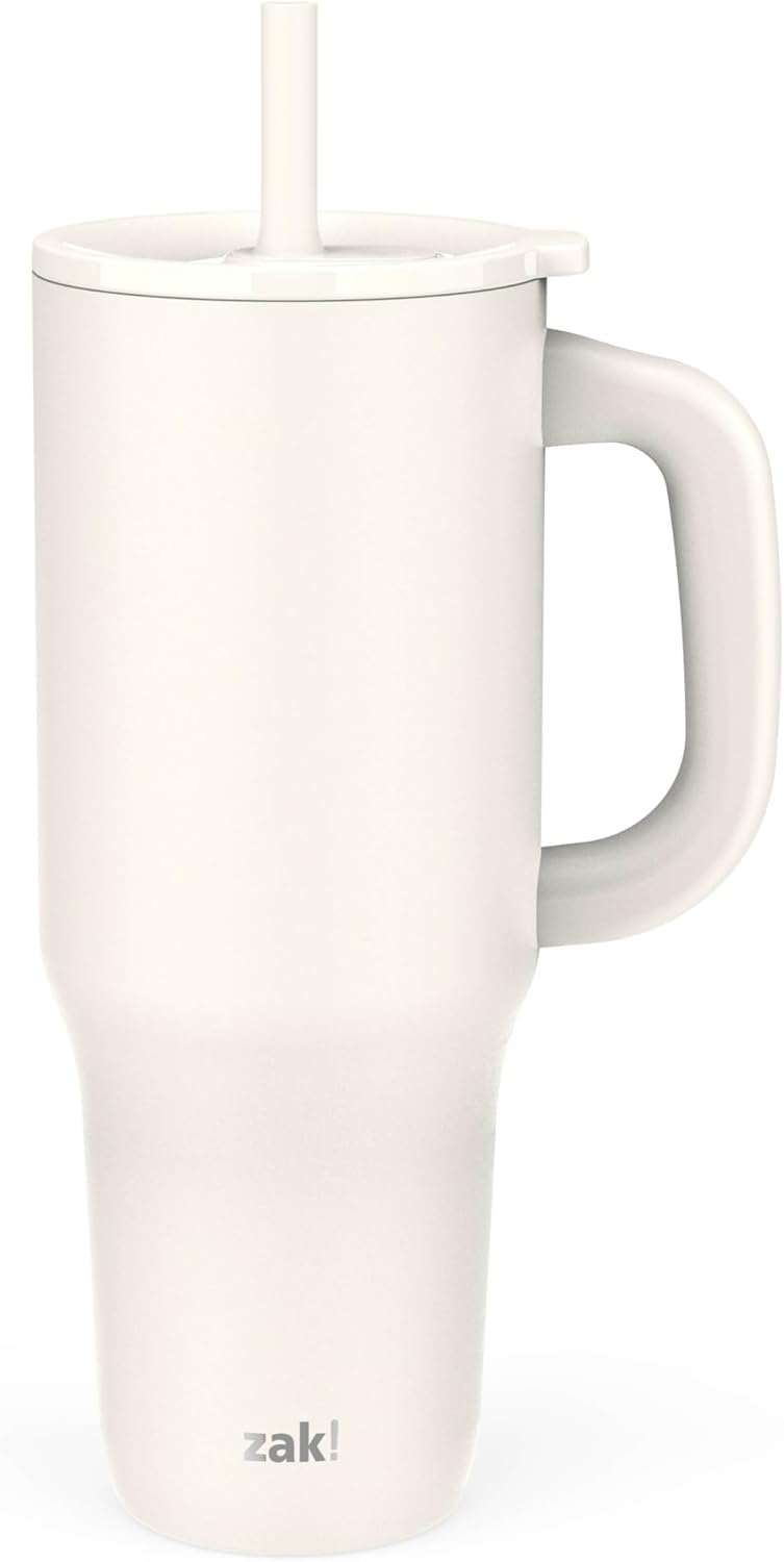 Zak Designs Disney Sutton - Vaso de viaje para llevar o en casa, acero inoxidable de 40 onzas con aislamiento al vacío, popote de silicona, asa de transporte y obras de arte 3D para bebidas frías (Minnie Mouse)