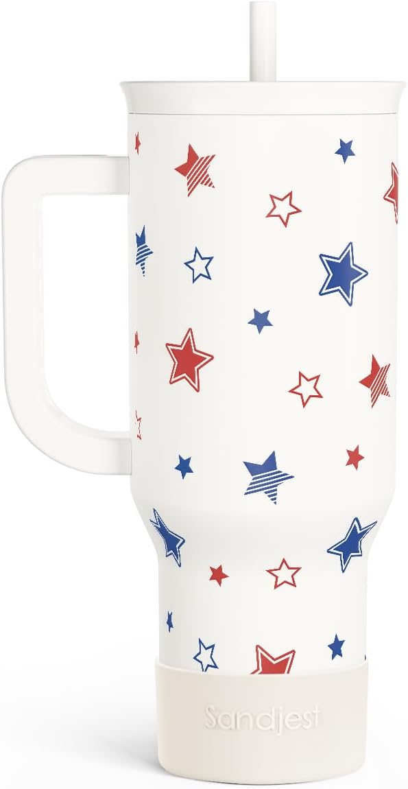 SANDJEST Vaso de 40 onzas con asa y pajilla, taza de café de viaje de acero inoxidable aislado para mujeres, niñas, amantes de la playa, idea de regalo para cumpleaños, Navidad, día de la madre, vacaciones de verano (color)