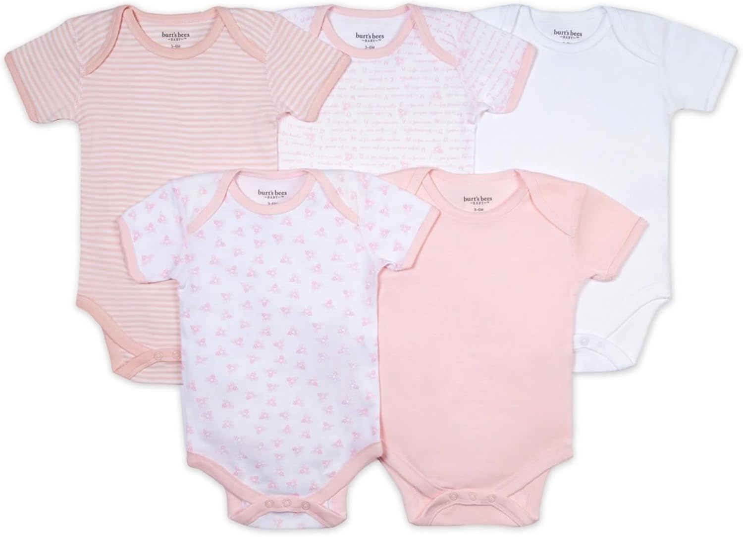 Burt's Bees Baby Body unisex, ropa de dormir orgánica de manga corta, paquete de 5 | Essential baby bodysuit pack featuring an easy-on and off lap-shoulder neck design for stress-free daily outfitting