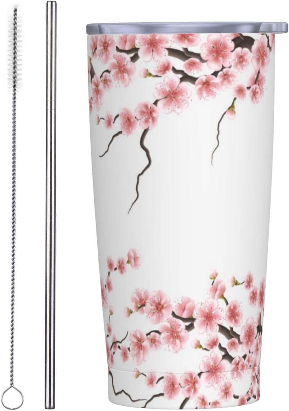 Vaso de 20 onzas con tapa y popote para mujer, diseño floral retro, con aislamiento, diseño floral retro, diseño de flores moradas, de acero inoxidable, taza de viaje al vacío de doble pared