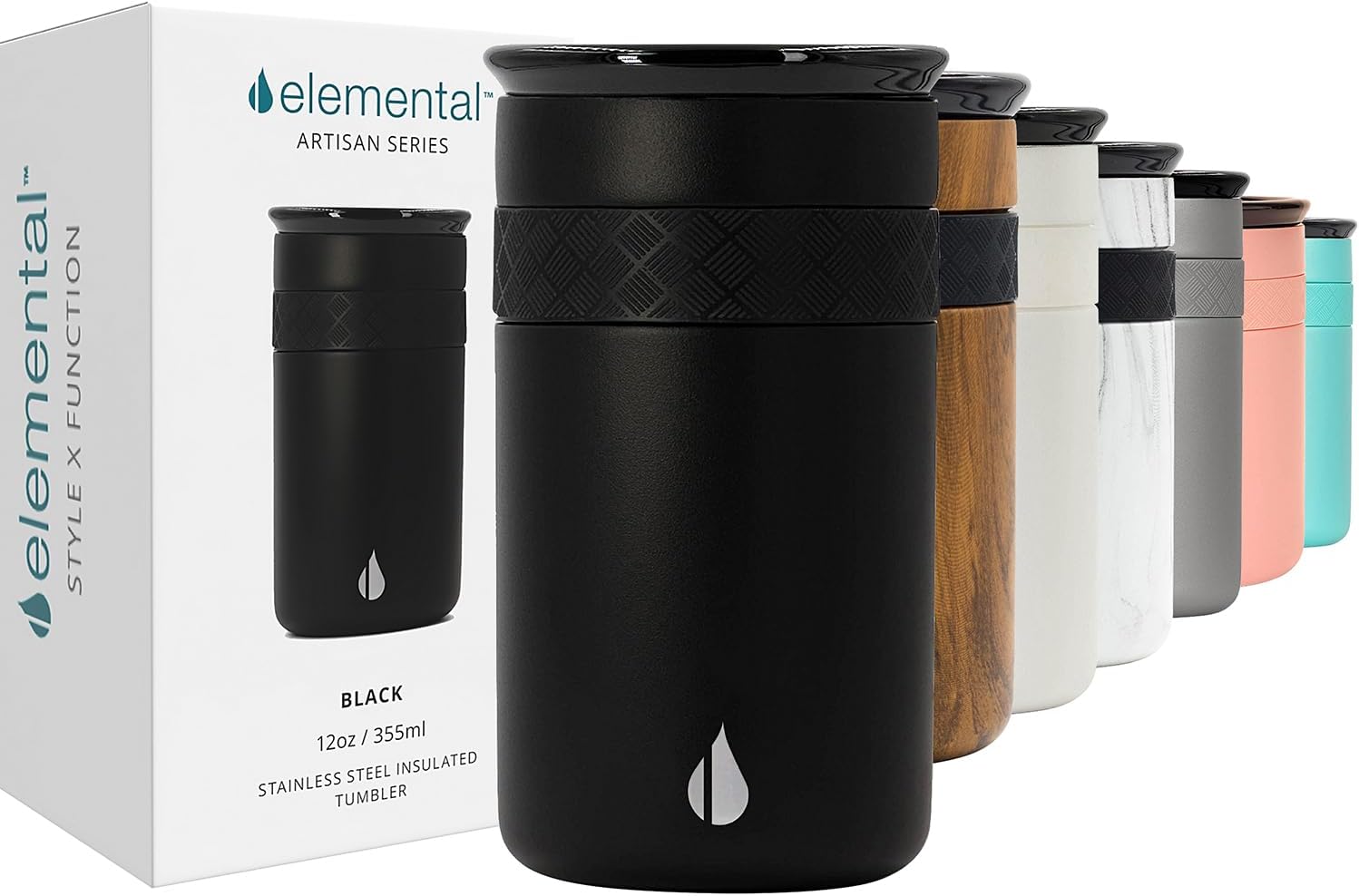 Elemental Vaso aislado artesanal, taza de viaje para café de triple pared, reutilizable, de acero inoxidable, con tapa de cerámica, tazas de café térmicas para bebidas calientes (6 horas) y frías (18 horas), 16 onzas, flores azules