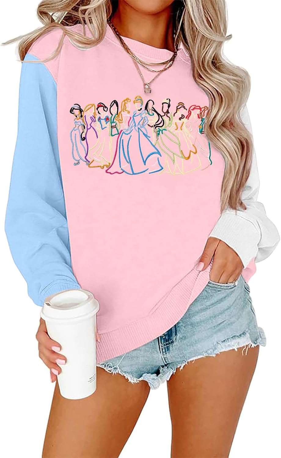 BANGELY Sudadera mágica para mujer, lindo suéter de princesa mágica bordado, camisa de vacaciones para la familia, camiseta casual de manga larga