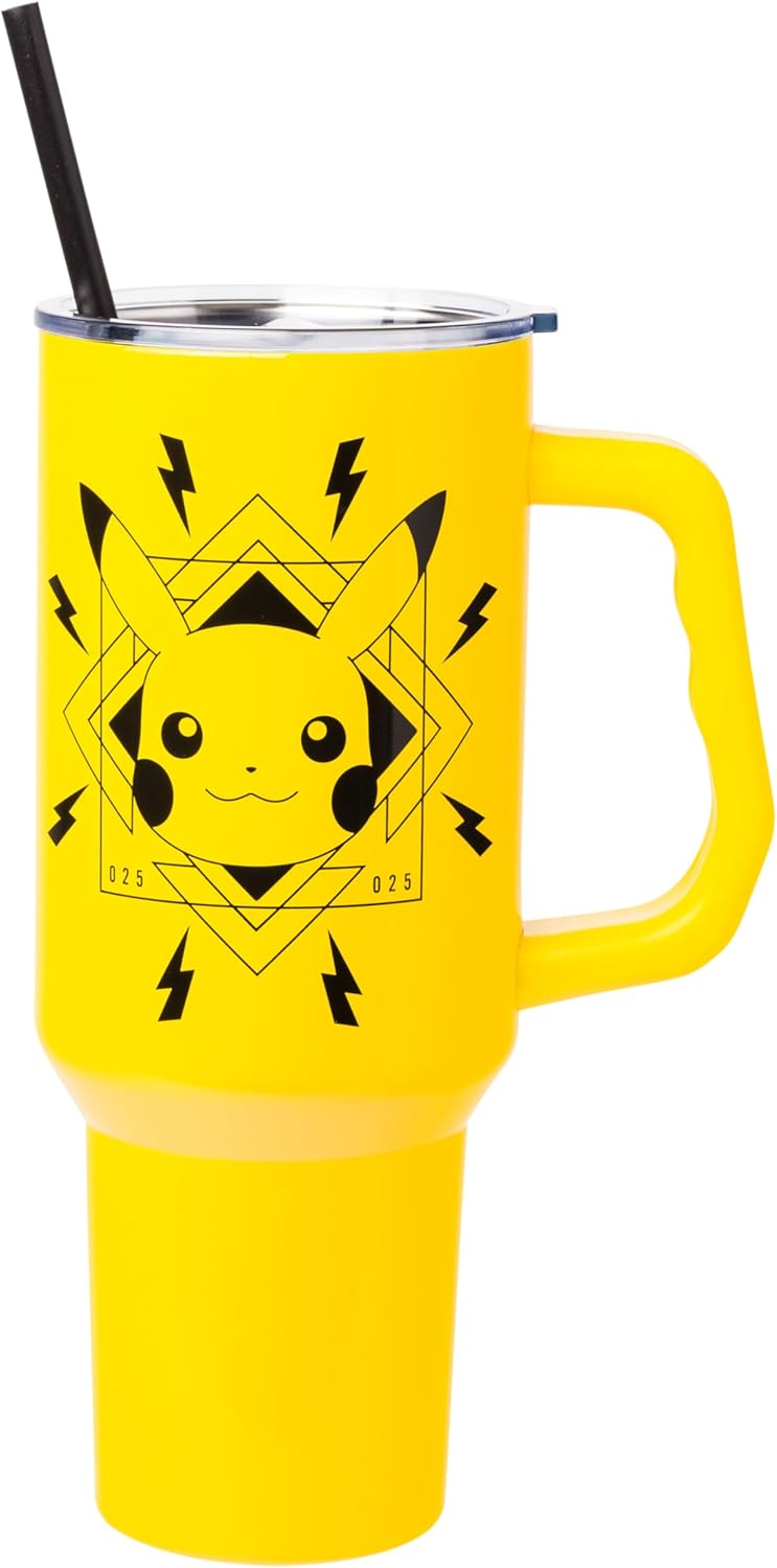 Silver Buffalo Disney Mickey and Friends Daisy, Donald Duck, Goofy, Pluto, Minnie Decals - Vaso de acero inoxidable de doble pared con asa, popote y tapa con pajilla, cabe en portavasos estándar, 40