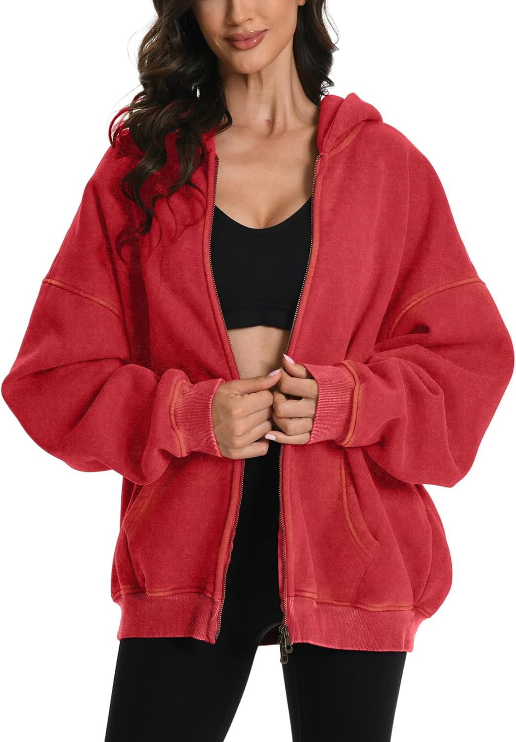 FAIABLE Sudadera con capucha y cremallera para hombre y mujer, de gran tamaño, con lavado ácido, pesada, de algodón, forro polar, con cremallera, estilo vintage