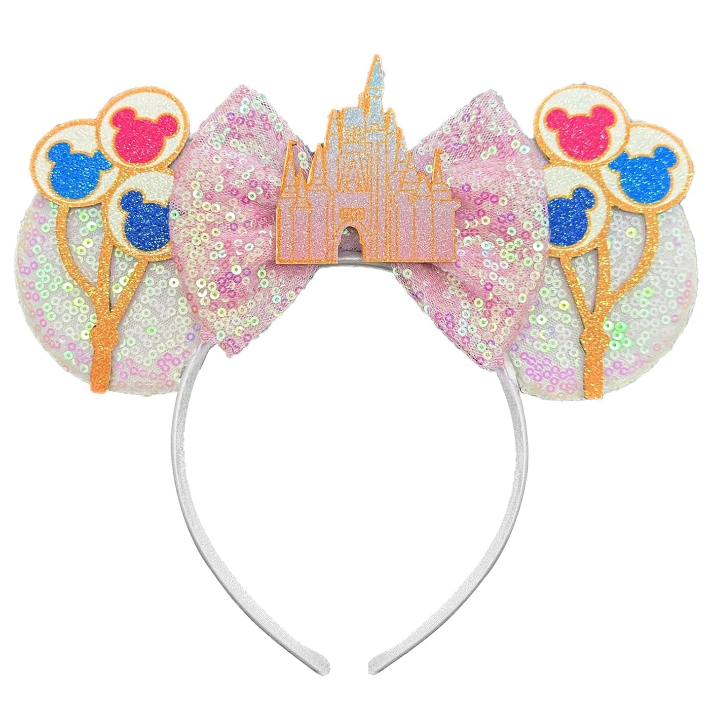 Diadema con orejas de ratón - Banda para el pelo con purpurina para fiestas en parques temáticos, blanco, verde, 1 recuento (paquete de 1)