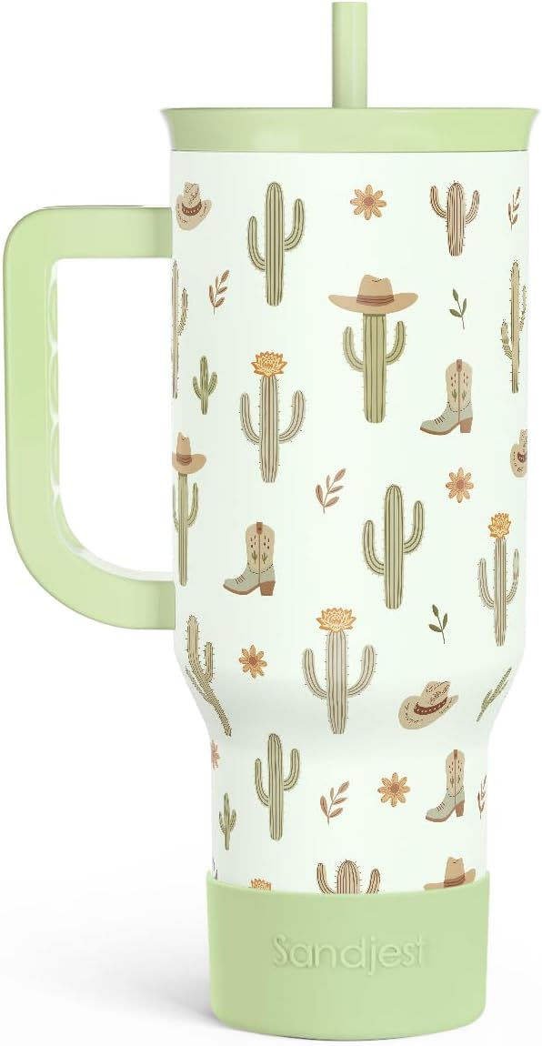 SANDJEST Vaso de 40 onzas con asa y pajilla, taza de café de viaje de acero inoxidable aislado para mujeres, niñas, amantes de la playa, idea de regalo para cumpleaños, Navidad, día de la madre, vacaciones de verano (color)