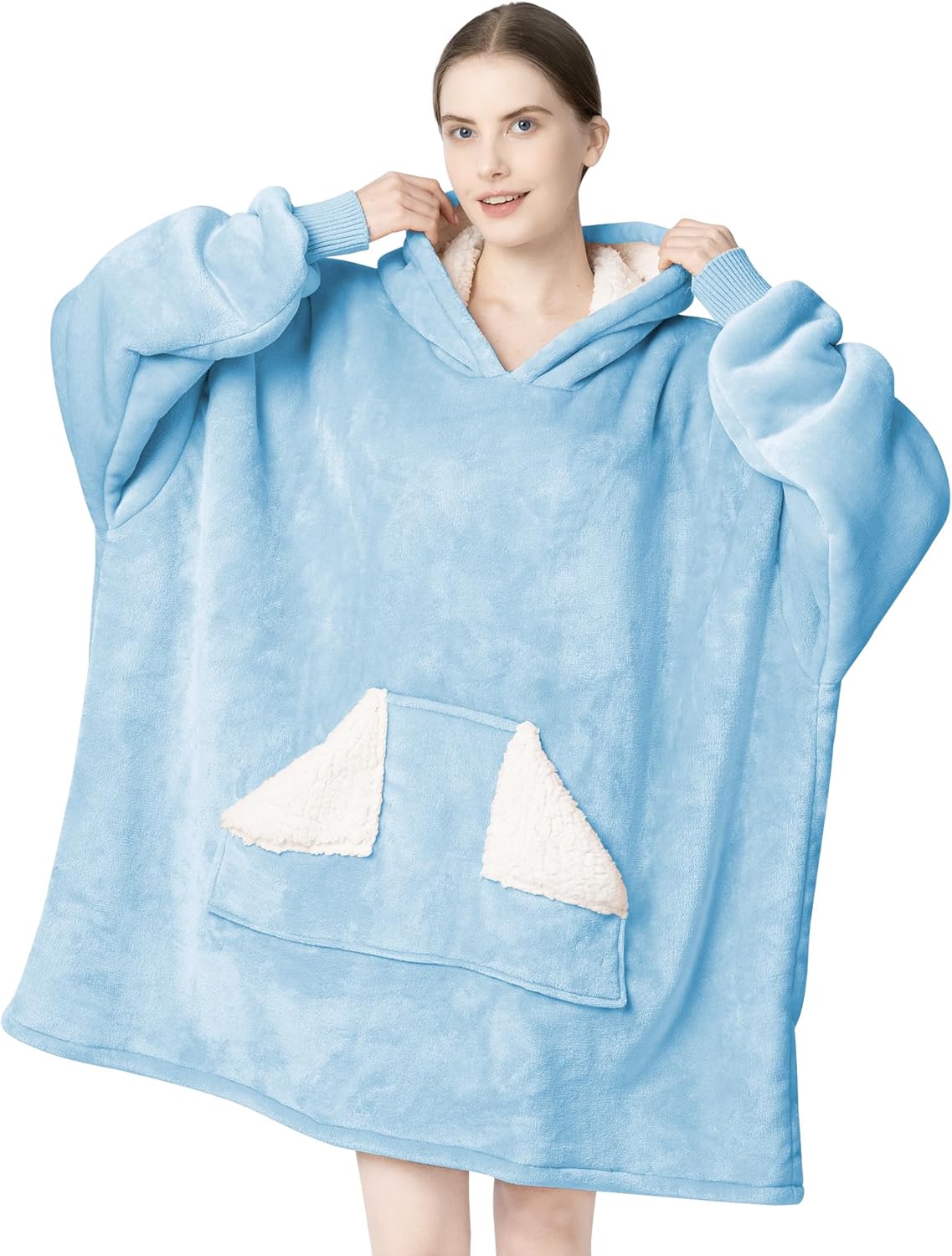 Touchat - Manta con capucha portátil, sudadera con capucha de forro polar sherpa de gran tamaño con bolsillo gigante y mangas para adulto, regalo de manta gris cálida y acogedora para mujeres