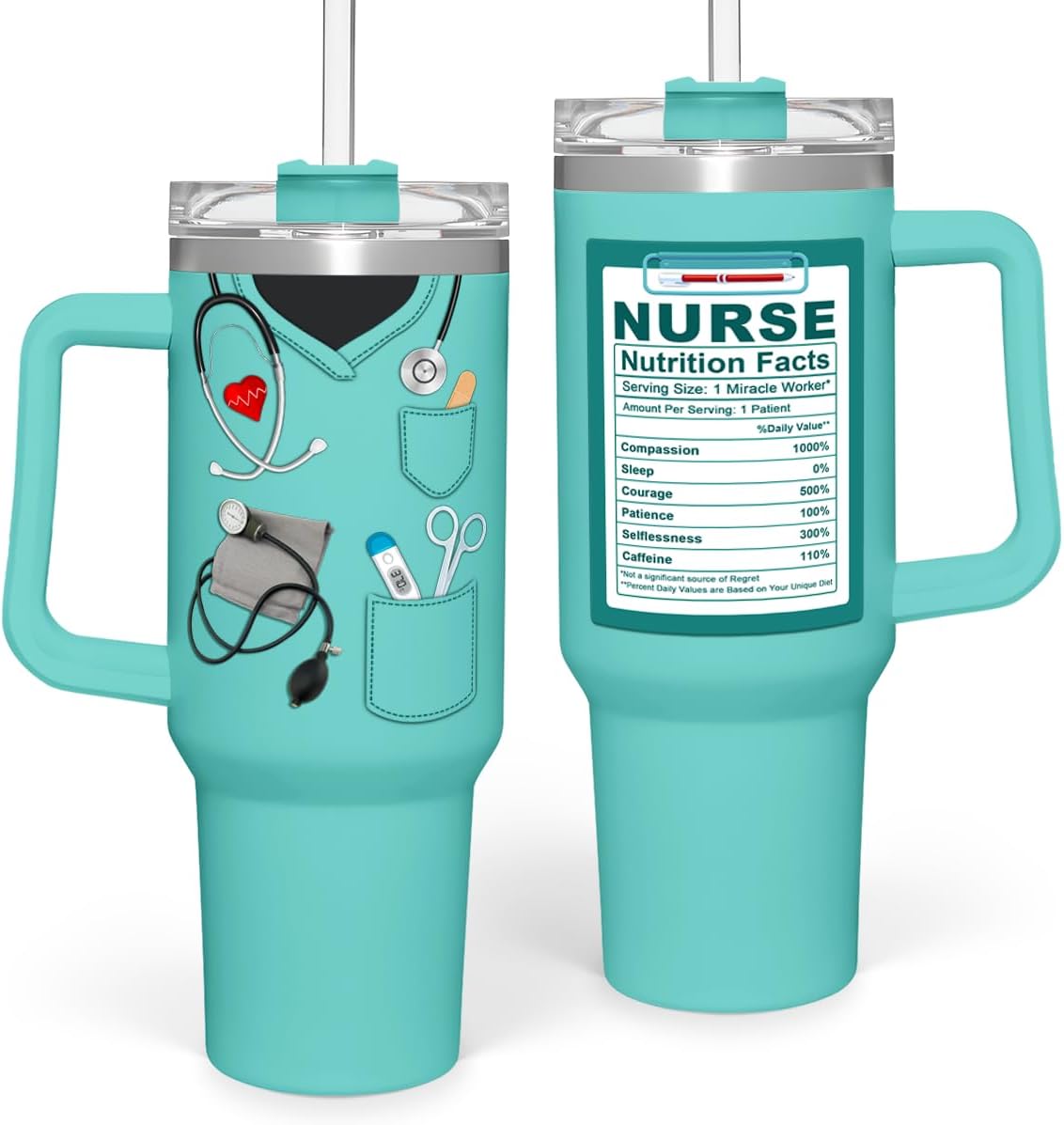 Regalos de enfermera para mujeres, vaso de enfermera con asa, taza de café de acero inoxidable de 40 onzas con tapa con pajilla, regalo de enfermería para enfermeras, regalo de agradecimiento para