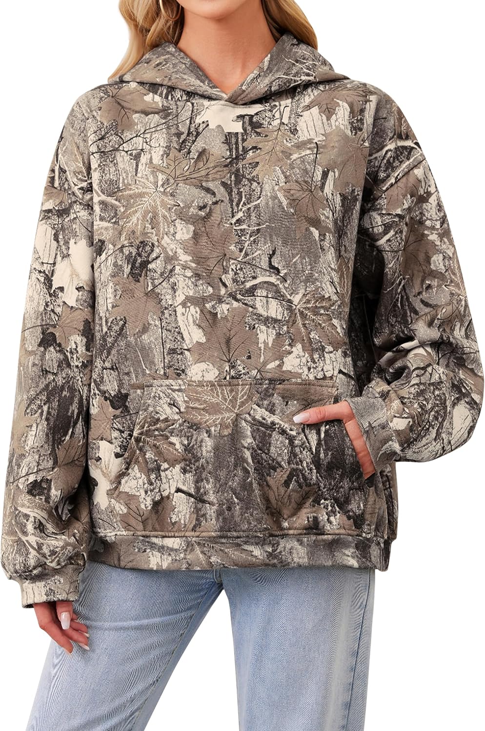 Anoumcy - Sudadera con capucha de camuflaje para mujer, con hoja de arce y forro de vellón, estilo holgado