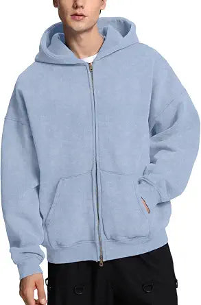 FAIABLE Sudadera con capucha y cremallera para hombre y mujer, de gran tamaño, con lavado ácido, pesada, de algodón, forro polar, con cremallera, estilo vintage