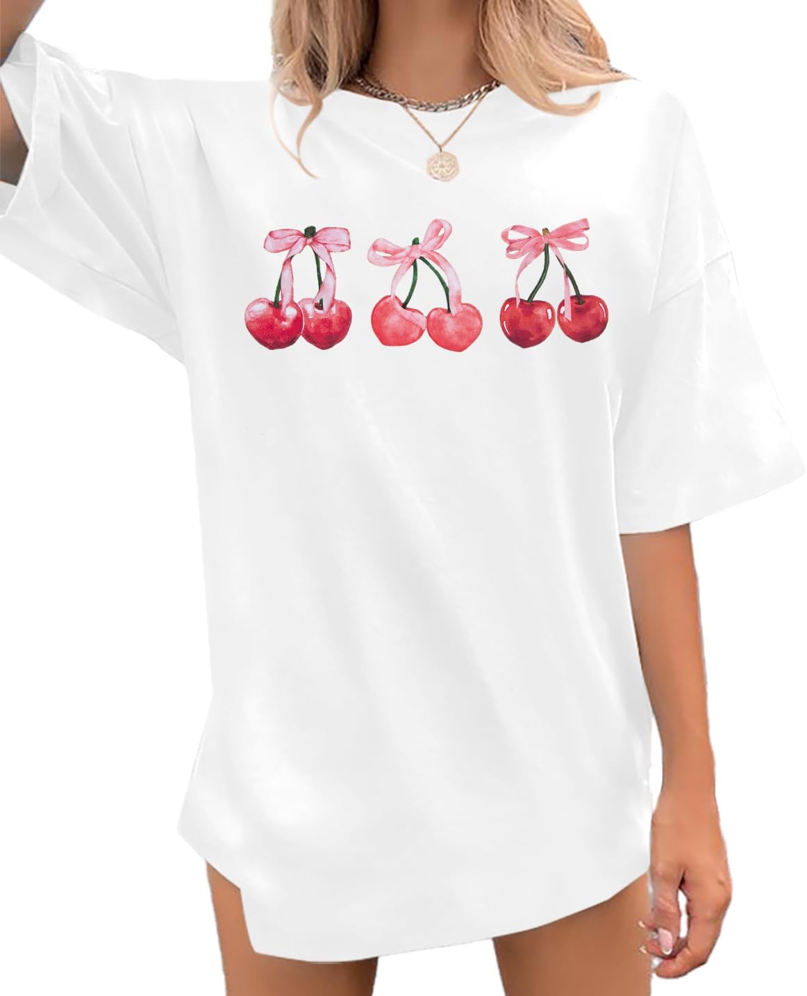 Camiseta con Lazo de Cerezas Rosa para Mujer: Blusas Coquette, Camisetas Estéticas de Chica Limpia, Camisetas Casuales de Verano de Manga Corta