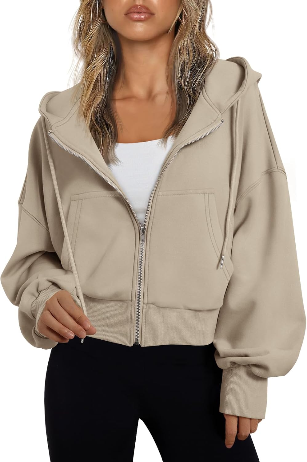 Trendy Queen Sudadera con capucha y cremallera para mujer, ligera, con hombros caídos, chaqueta atlética casual