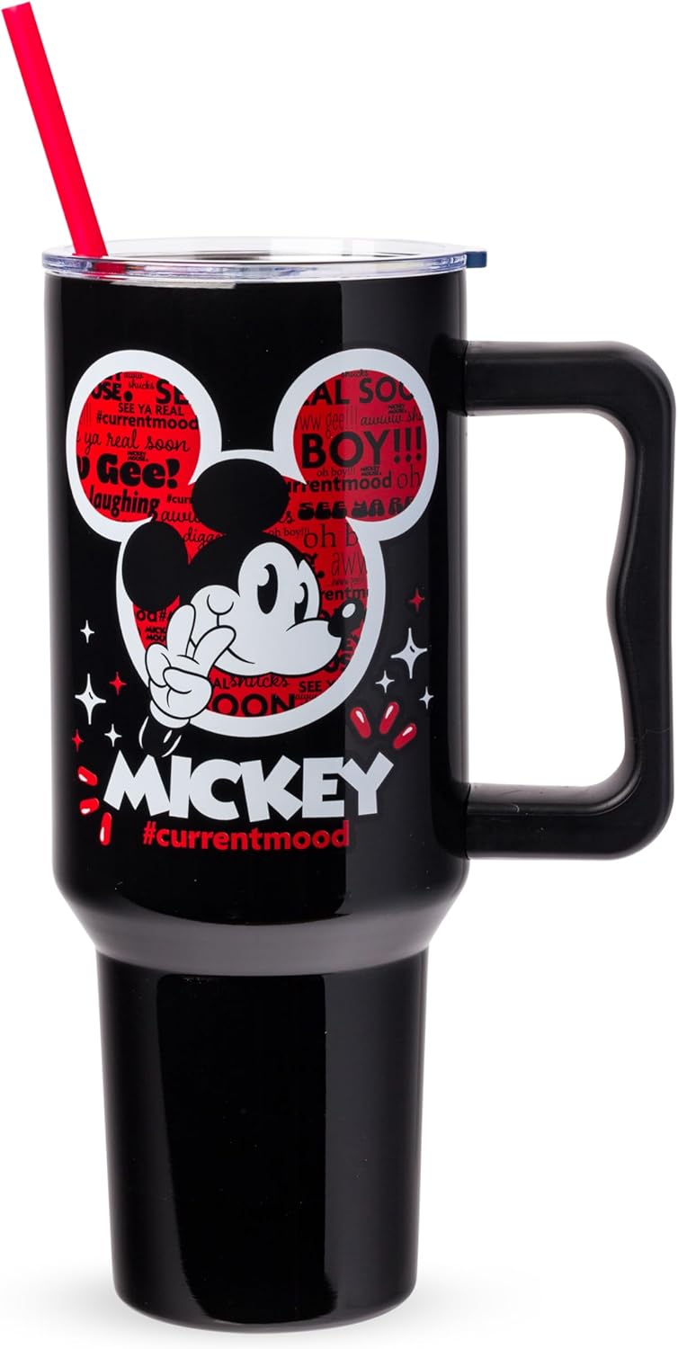 Silver Buffalo Disney Lilo and Stitch - Vaso de acero inoxidable de doble pared con asa y pajilla, diseño vintage, palmeras y flores, se adapta al portavasos estándar, 40 onzas