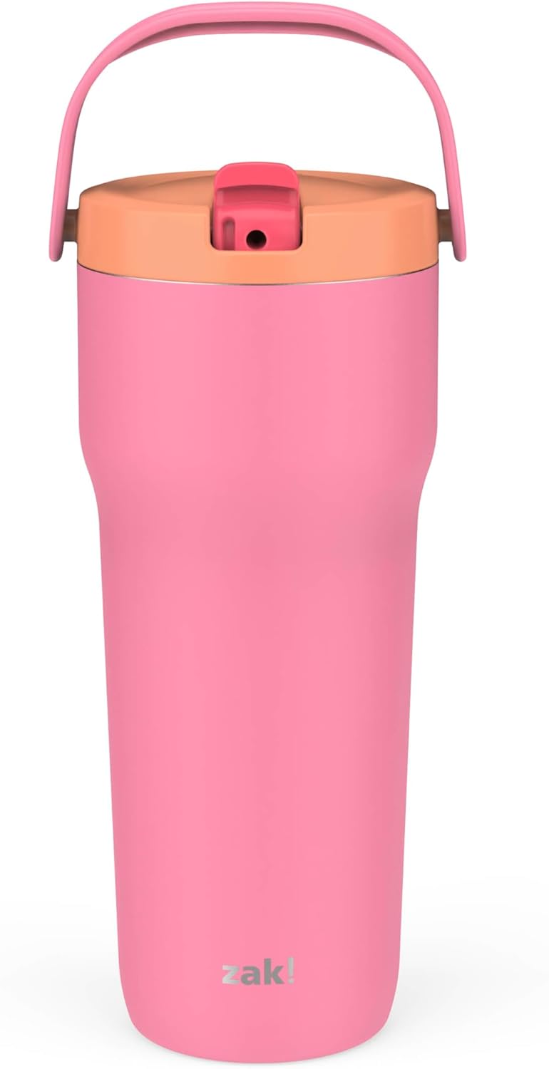 Zak Designs Disney Sutton - Vaso de viaje para llevar o en casa, acero inoxidable de 40 onzas con aislamiento al vacío, popote de silicona, asa de transporte y obras de arte 3D para bebidas frías (Minnie Mouse)