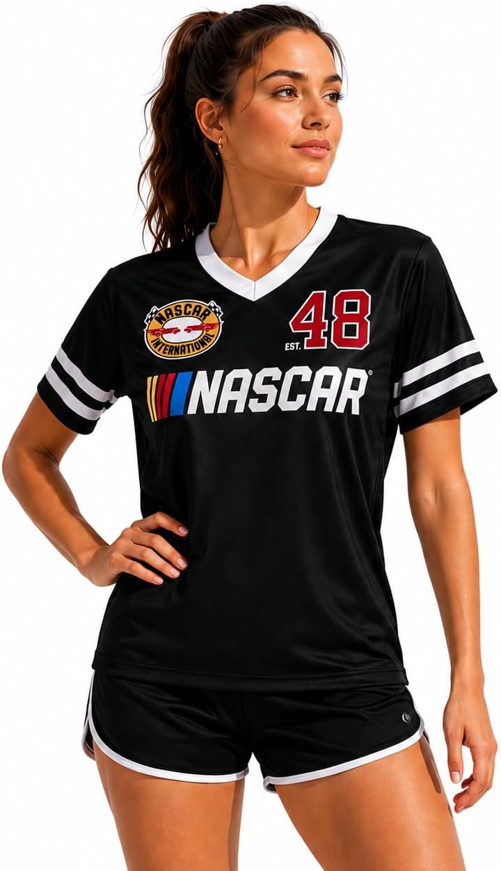 Mad Engine Womens Soccer Jersey - Cute V Neck Graphic Soccer Shirt Women | Officially Licensed Mickey Mouse Minnie Mouse Star Wars Lola Bunny & NASCAR Jersey Shirts for Women (XS-XXL)
