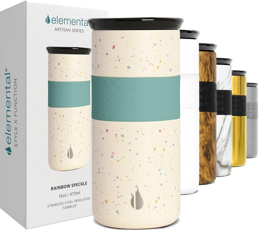 Elemental Vaso aislado artesanal, taza de viaje para café de triple pared, reutilizable, de acero inoxidable, con tapa de cerámica, tazas de café térmicas para bebidas calientes (6 horas) y frías (18 horas), 16 onzas, flores azules