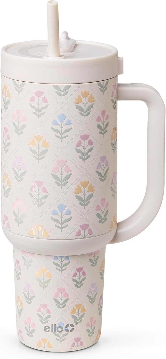 Ello Oasis - Vaso de 30 onzas con asa y pajita retráctil | Taza reutilizable de acero inoxidable aislada 100% a prueba de fugas, regalos para adolescentes, mujeres y hombres | Mantiene el frío durante