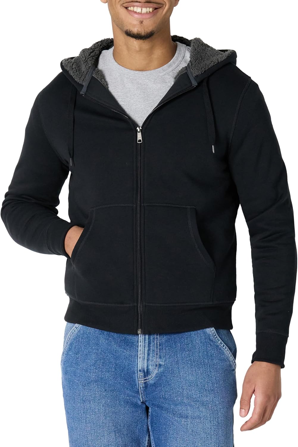 Essentials Sudadera con capucha para hombre, forro de sherpa y cierre completo de cremallera de felpa