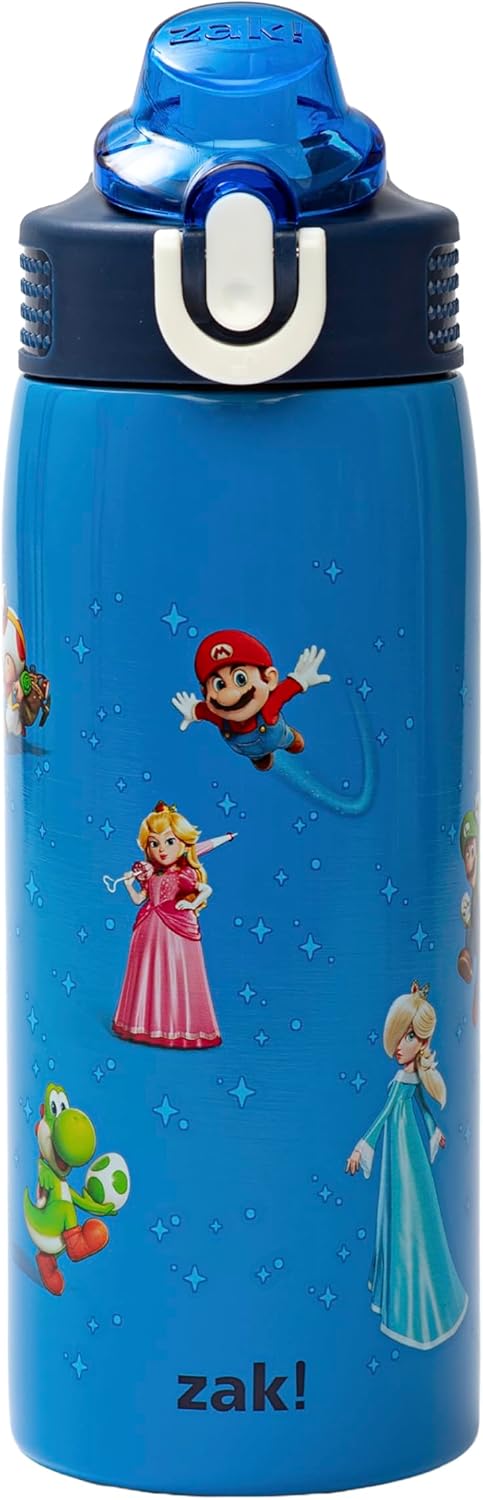 Zak Designs Disney Sage - Botella de agua para niños para la escuela o viajes, botella de agua de acero inoxidable de 19 onzas con pajita, asa y tapa de boquilla desplegable a prueba de fugas (Stitch)