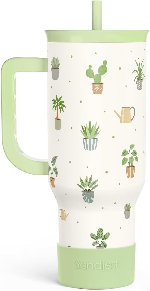 SANDJEST Vaso de 40 onzas con asa y pajilla, taza de café de viaje de acero inoxidable aislado para mujeres, niñas, amantes de la playa, idea de regalo para cumpleaños, Navidad, día de la madre, vacaciones de verano (color)