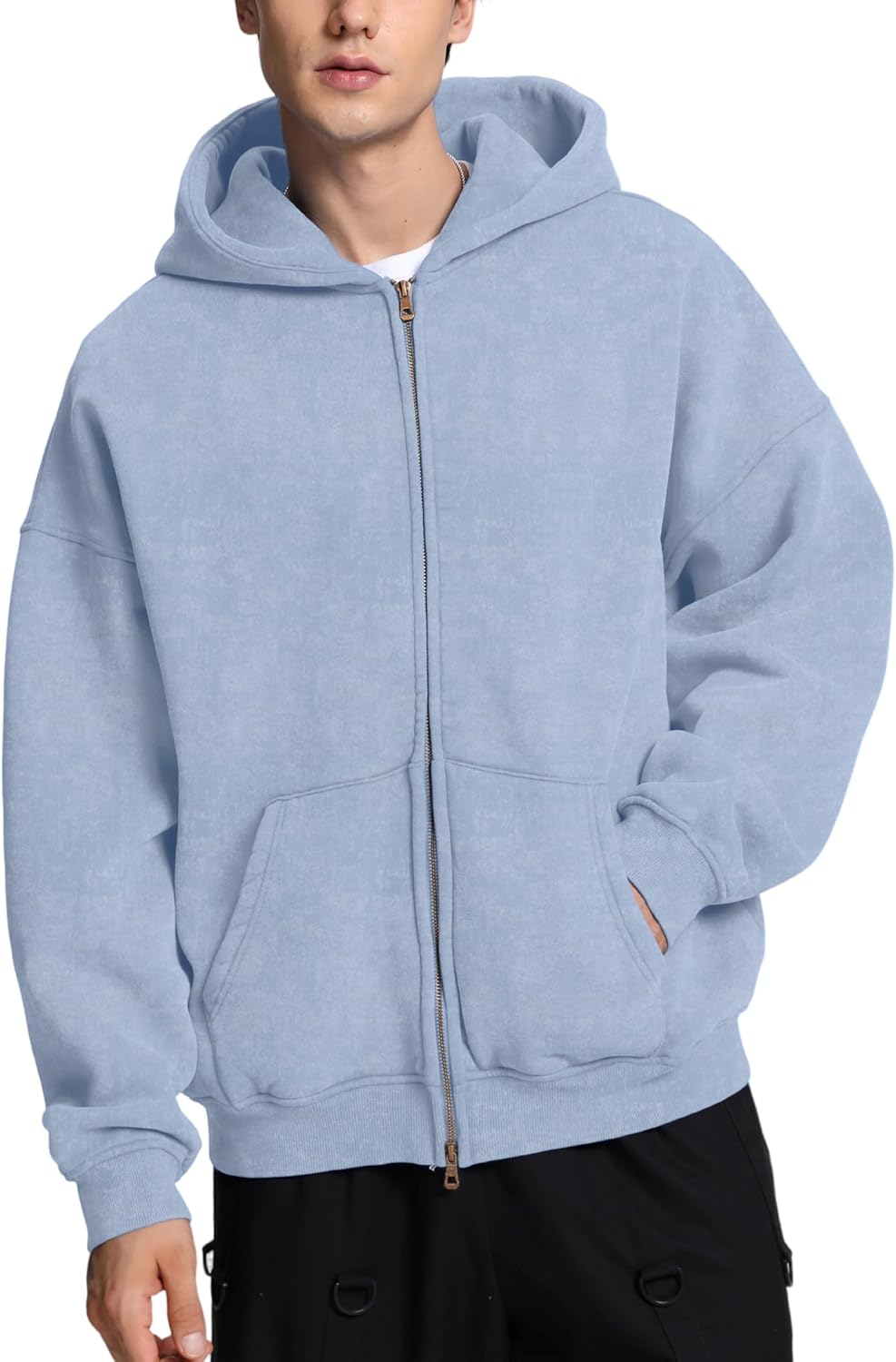 FAIABLE Sudadera con capucha y cremallera para hombre y mujer, de gran tamaño, con lavado ácido, pesada, de algodón, forro polar, con cremallera, estilo vintage