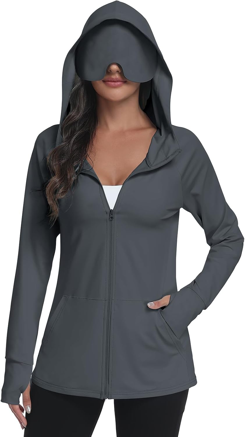 SeSe Code Sudadera con capucha UPF 50+ con máscara de ojos para mujer, chaquetas de viaje con cremallera para dormir, protección solar, bolsillos para siesta al aire libre