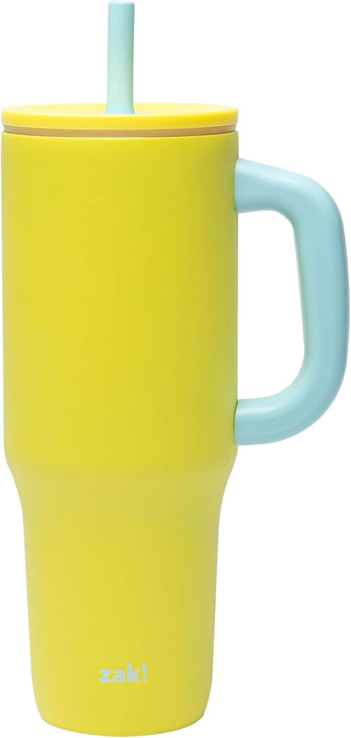 Zak Designs Disney Sutton - Vaso de viaje para llevar o en casa, acero inoxidable de 40 onzas con aislamiento al vacío, popote de silicona, asa de transporte y obras de arte 3D para bebidas frías (Minnie Mouse)