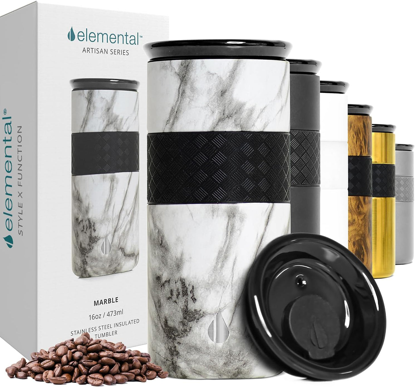 Elemental Vaso aislado artesanal, taza de viaje para café de triple pared, reutilizable, de acero inoxidable, con tapa de cerámica, tazas de café térmicas para bebidas calientes (6 horas) y frías (18 horas), 16 onzas, flores azules