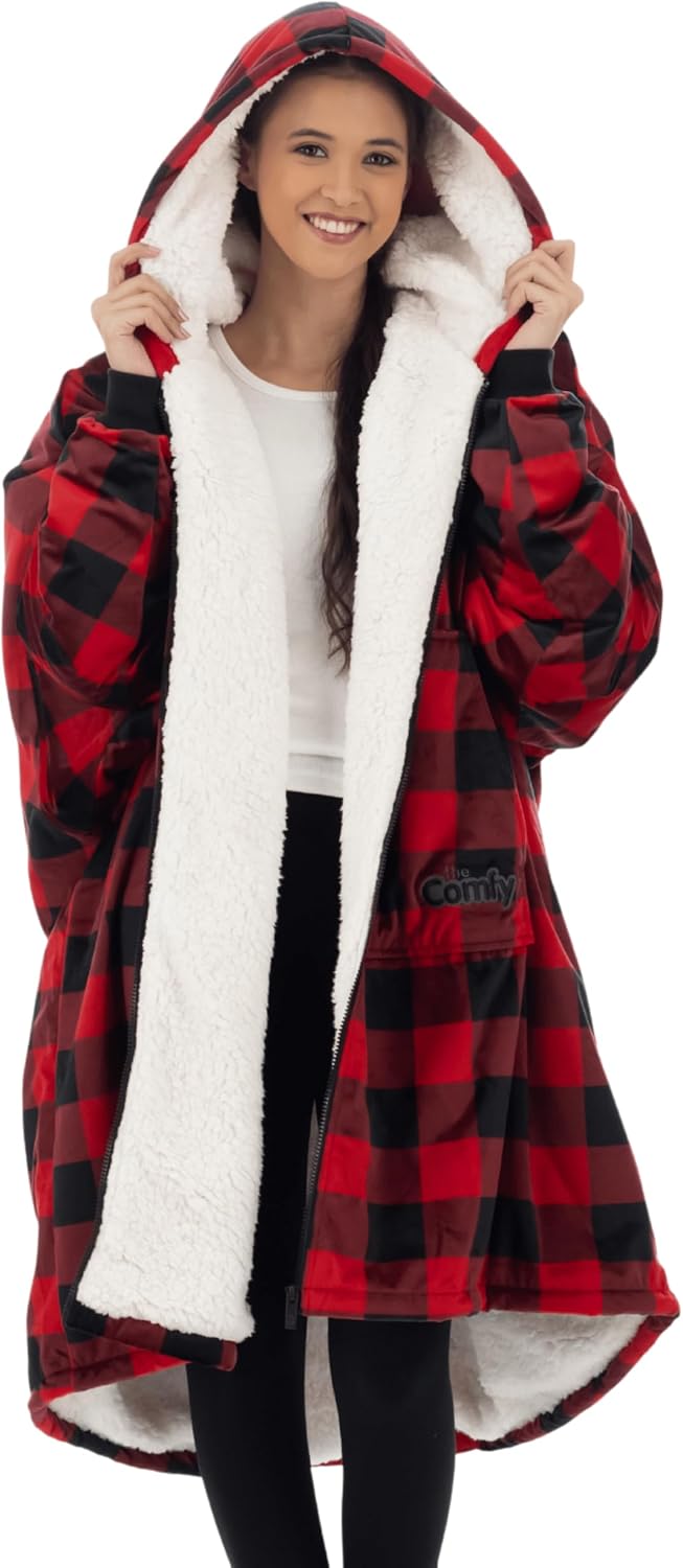 THE COMFY Original - Manta de forro polar de microfibra con forro sherpa, diseño de gran tamaño con capucha y bolsillo de Shark Tank