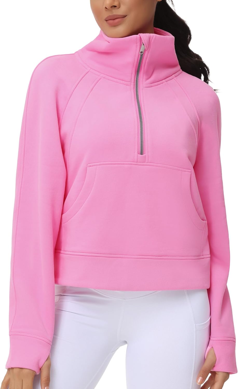THE GYM PEOPLE Sudadera corta de forro polar con media cremallera para mujer con bolsillos y agujero para el pulgar | Crop sweatshirt with thumb hole, Functional pockets, Fleece Lined, Half zip sweatshirt for work, travel