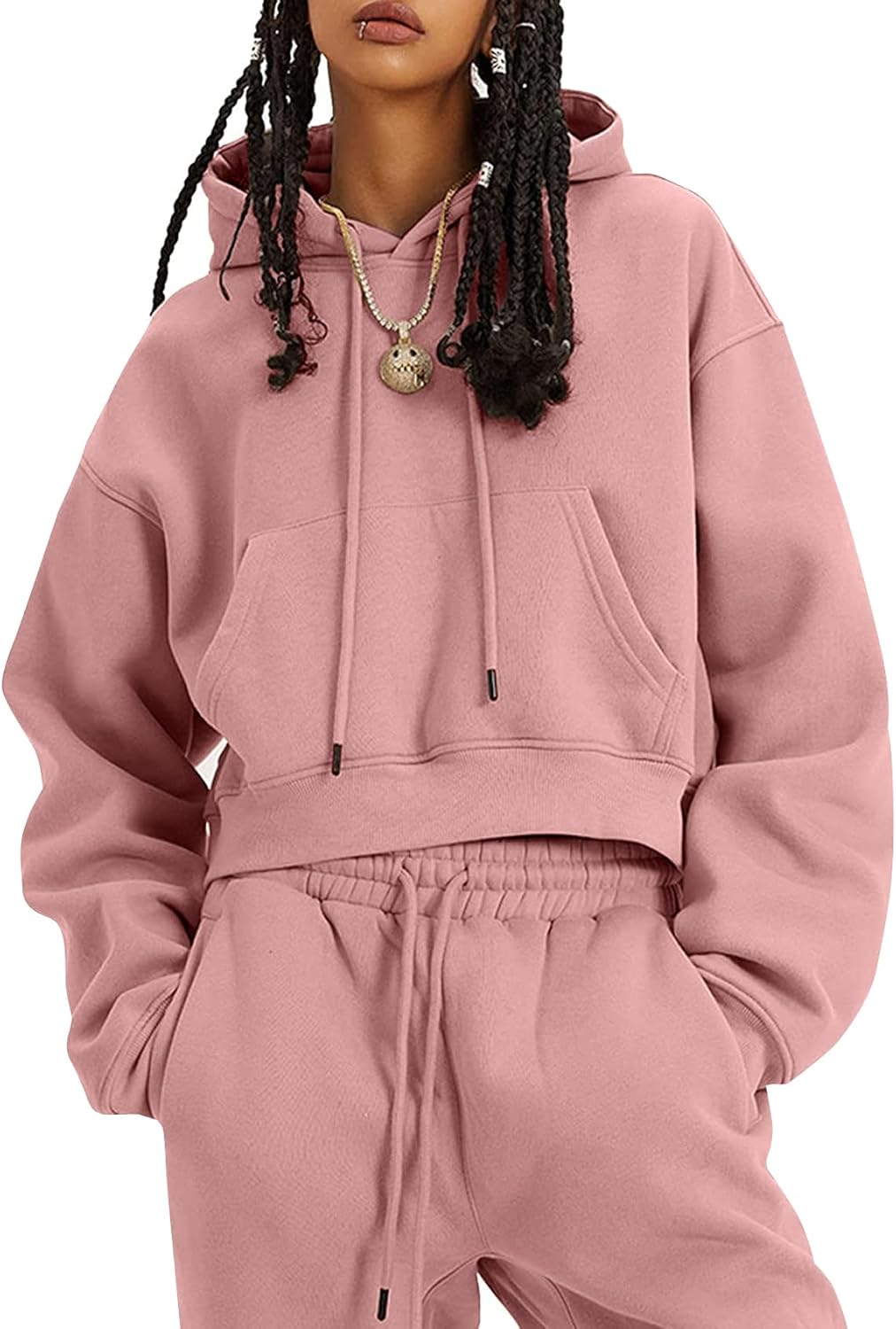 Flygo Conjunto deportivo de 2 piezas de forro polar para mujer, sudadera corta, sudadera y pantalones deportivos
