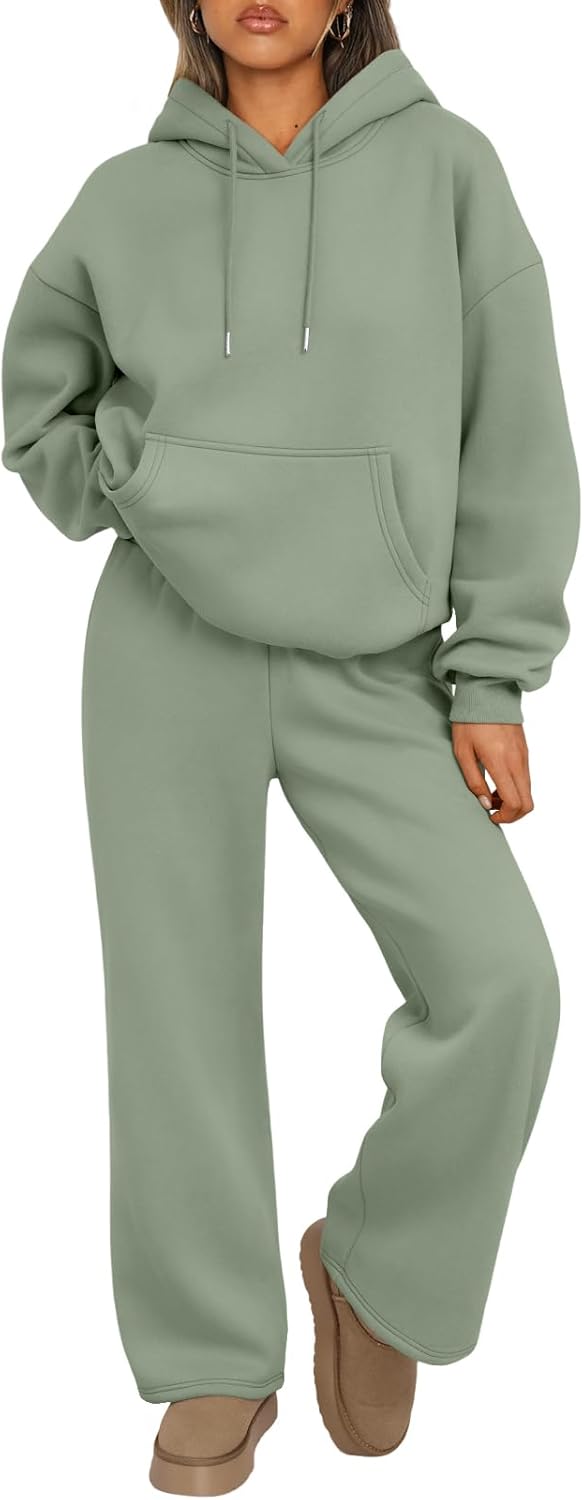 Trendy Queen Conjunto de dos piezas para mujer, ropa de descanso de otoño, conjuntos de moda con sudadera holgada y pantalones de pierna ancha, ropa de invierno | Oversized Drawstring Hoodies&Wide Leg Sweatpants Outfits