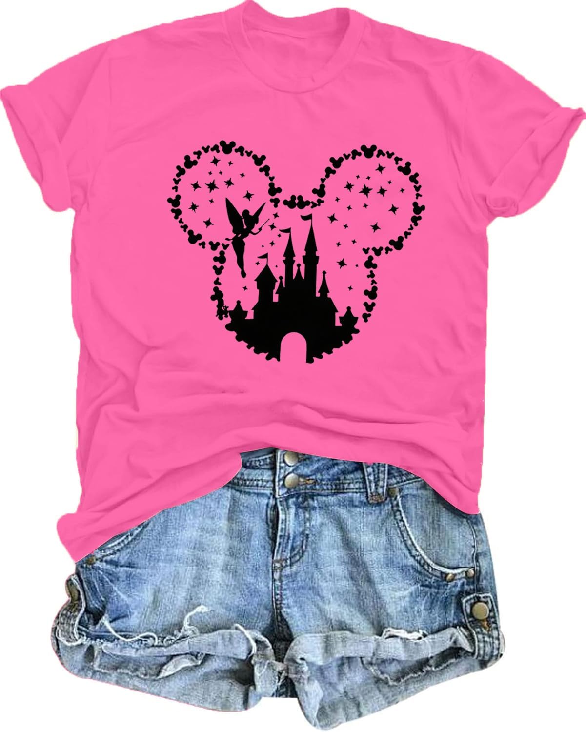 Camiseta de manga corta con diseño de castillo mágico para mujer, diseño de hadas, informal, para vacaciones, vacaciones