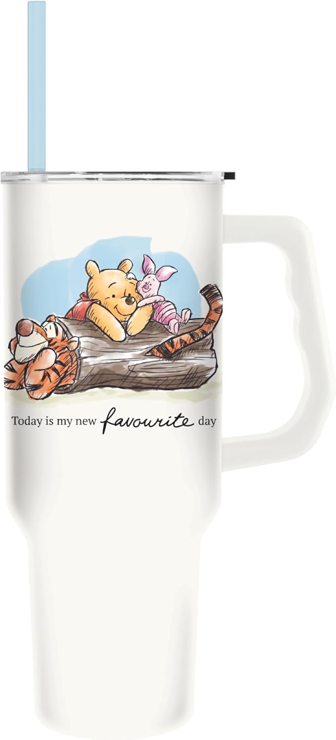 Silver Buffalo Disney Lilo and Stitch - Vaso de acero inoxidable de doble pared con asa y pajilla, diseño vintage, palmeras y flores, se adapta al portavasos estándar, 40 onzas