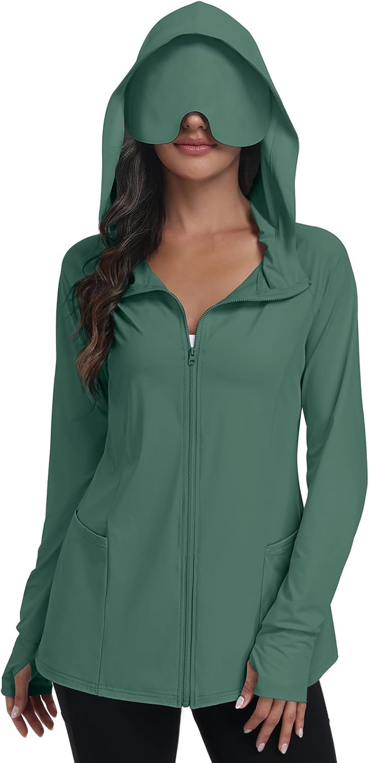 SeSe Code Sudadera con capucha de viaje con máscara de ojos, cremallera y protección solar, chaqueta ligera con bolsillos, para dormir al aire libre
