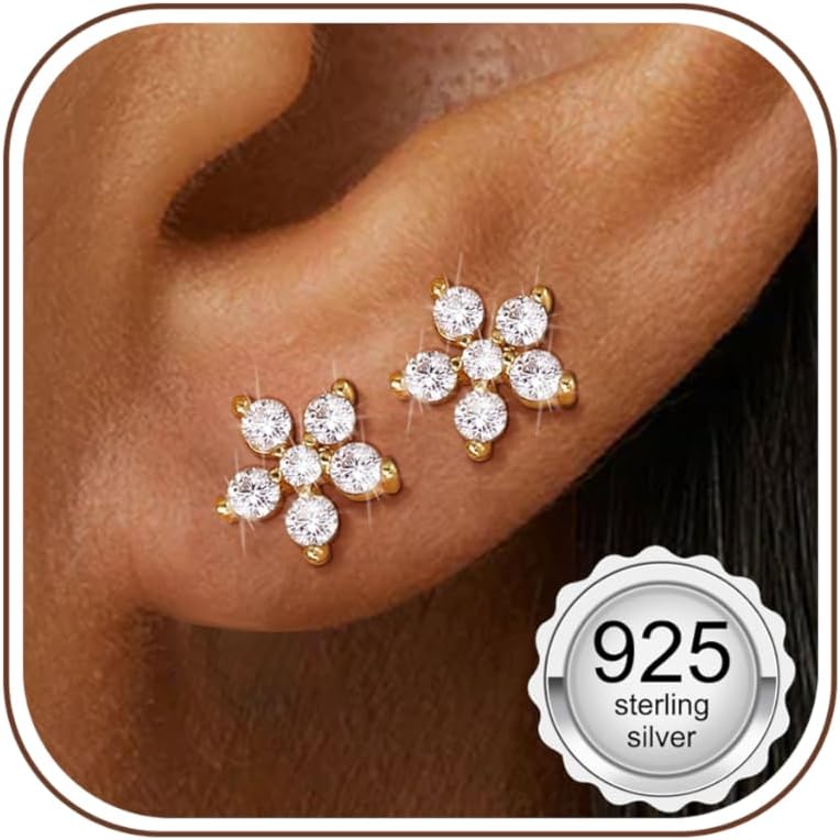 Adramata 925 Sterling Silver Earrings Women Girl Small Earrings Cubic Zirconia Hypoallergenic Piercing Ear Helix Tragus Earring Women Silver/Gold