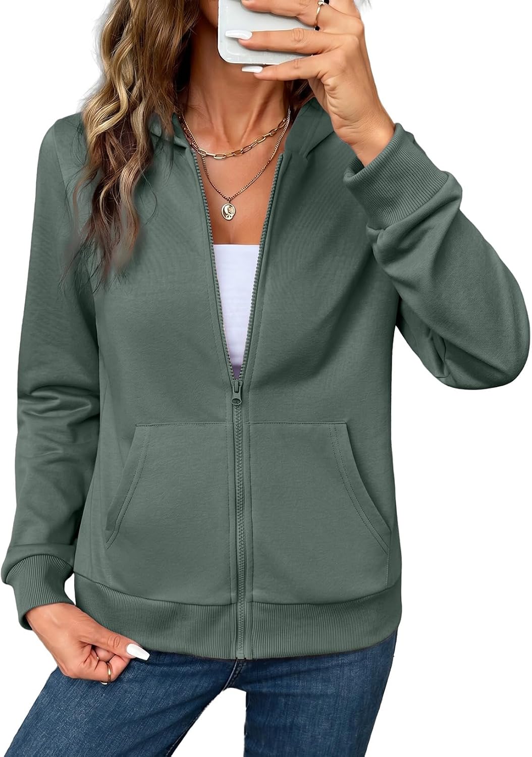 SHEWIN Sudadera con capucha y cremallera completa para mujer, ligera, suave, manga larga, con capucha, casual, con bolsillos, moda de otoño 2026