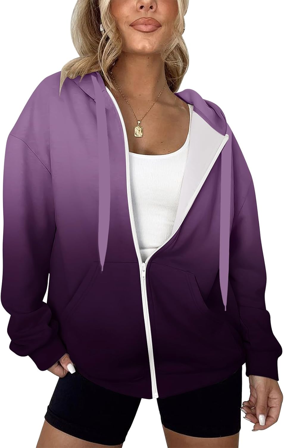 LYHIPSS - Sudaderas con capucha de gran tamaño para mujer, ligeras, con cremallera completa, manga larga, con cordón