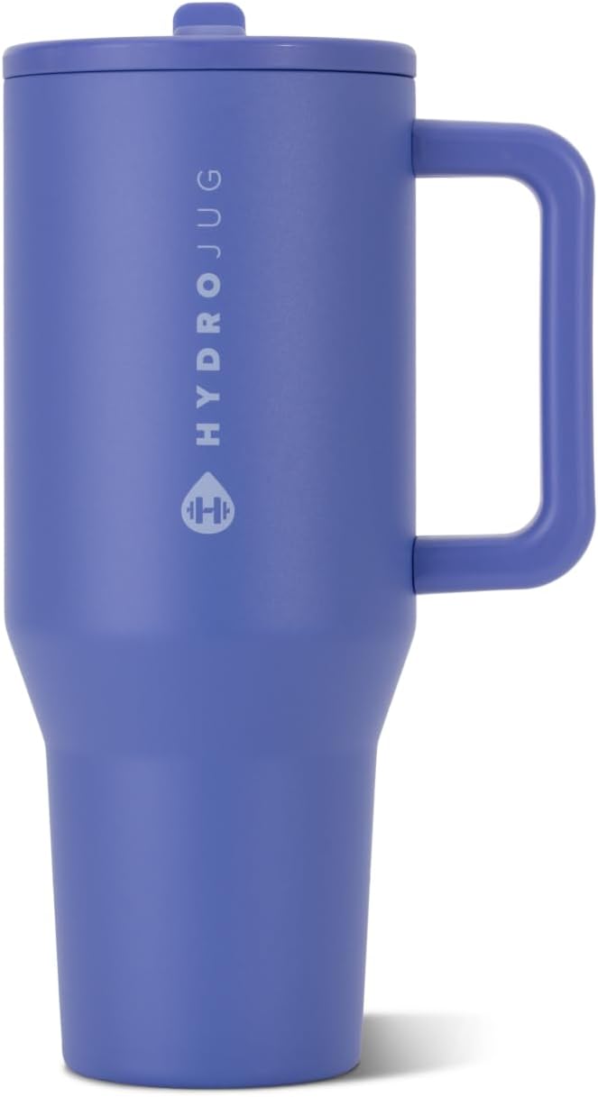 HydroJug Traveler - Botella de agua 32 oz con asa y pajilla abatible, apto para soporte para vasos, resistente a fugas, reutilizable, aislado, acero inoxidable y base de goma, unisex, rosado arena
