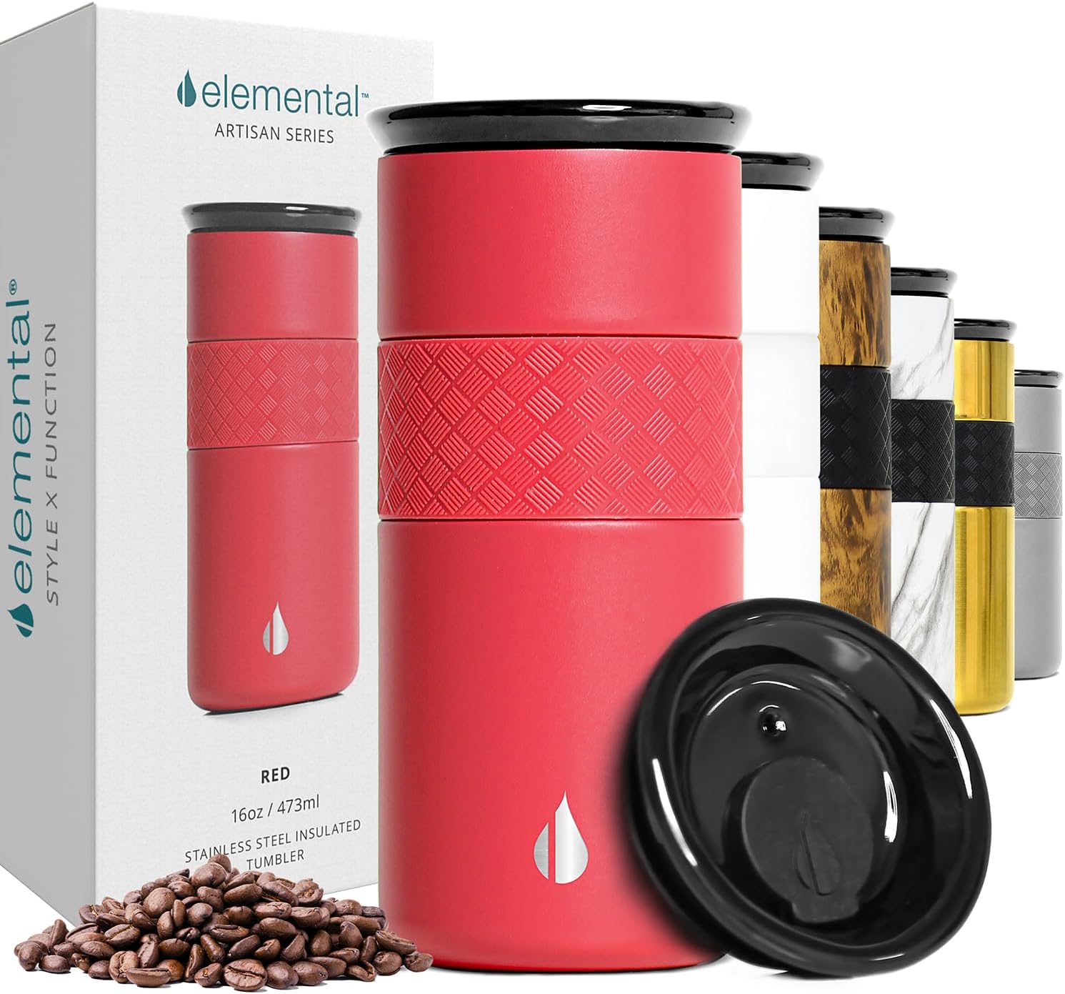 Elemental Vaso aislado artesanal, taza de viaje para café de triple pared, reutilizable, de acero inoxidable, con tapa de cerámica, tazas de café térmicas para bebidas calientes (6 horas) y frías (18 horas), 16 onzas, flores azules