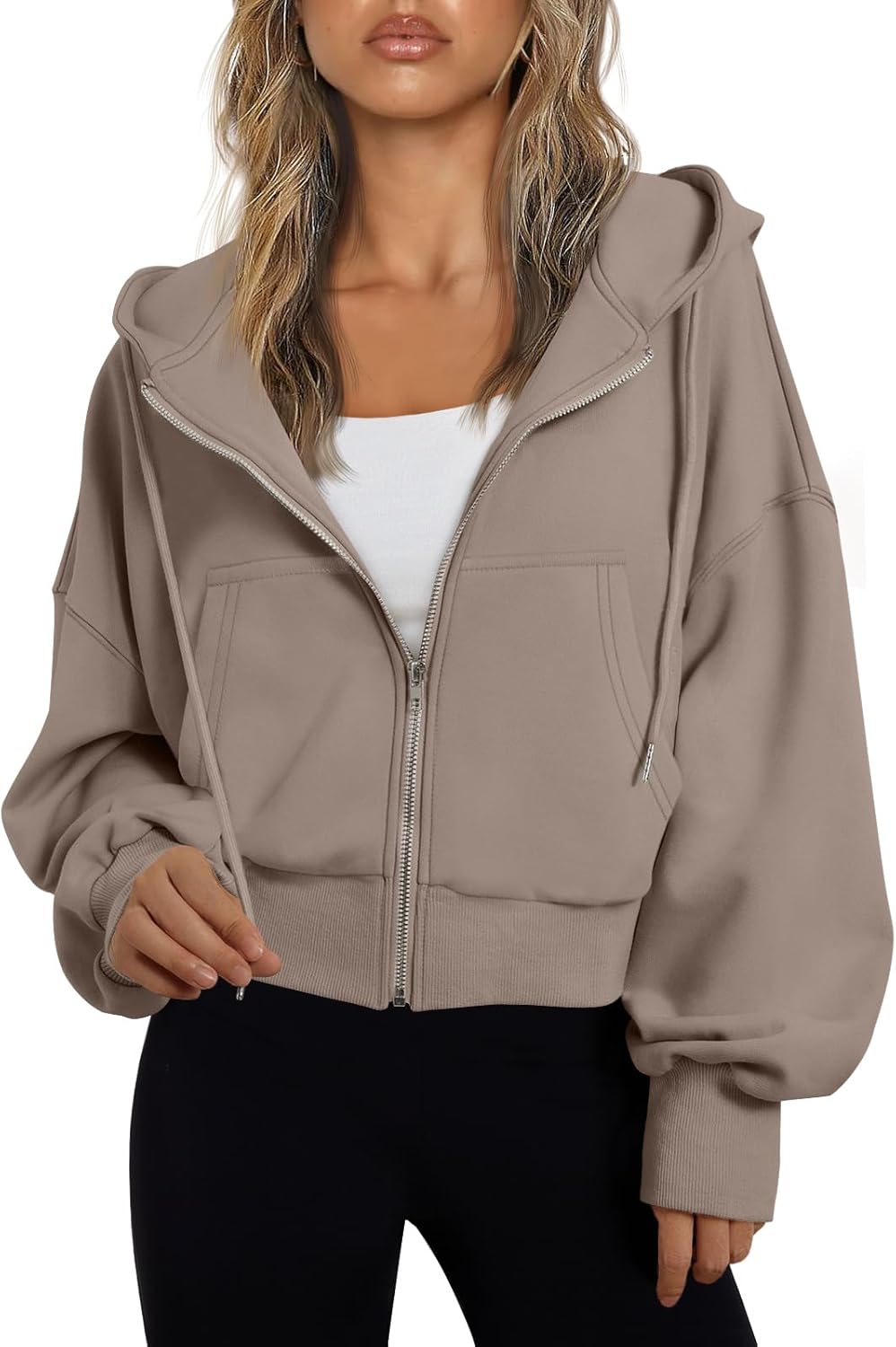 Trendy Queen Sudadera con capucha y cremallera para mujer, ligera, con hombros caídos, chaqueta atlética casual