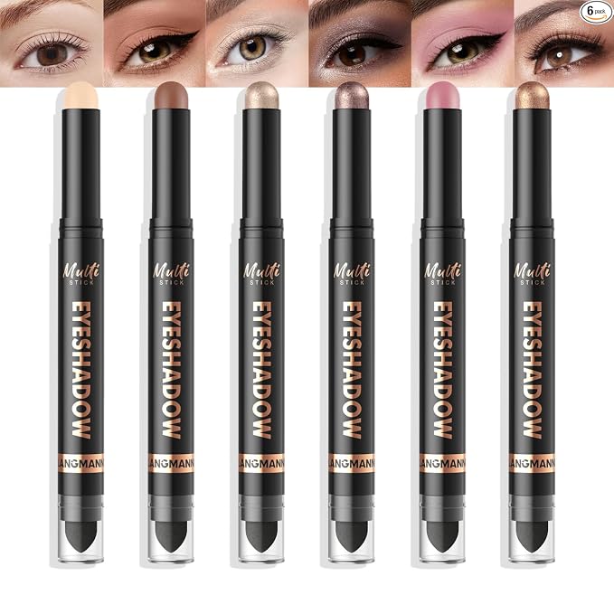 LANGMANNI 8Colors Dual-Ended Cream Eyeshadow Stick Set – Silky Smooth, Waterproof & Transfer-Proof, Built-in Blender Brush, All-Day Matte & Shimmer Wear Eye Makeup(#A)