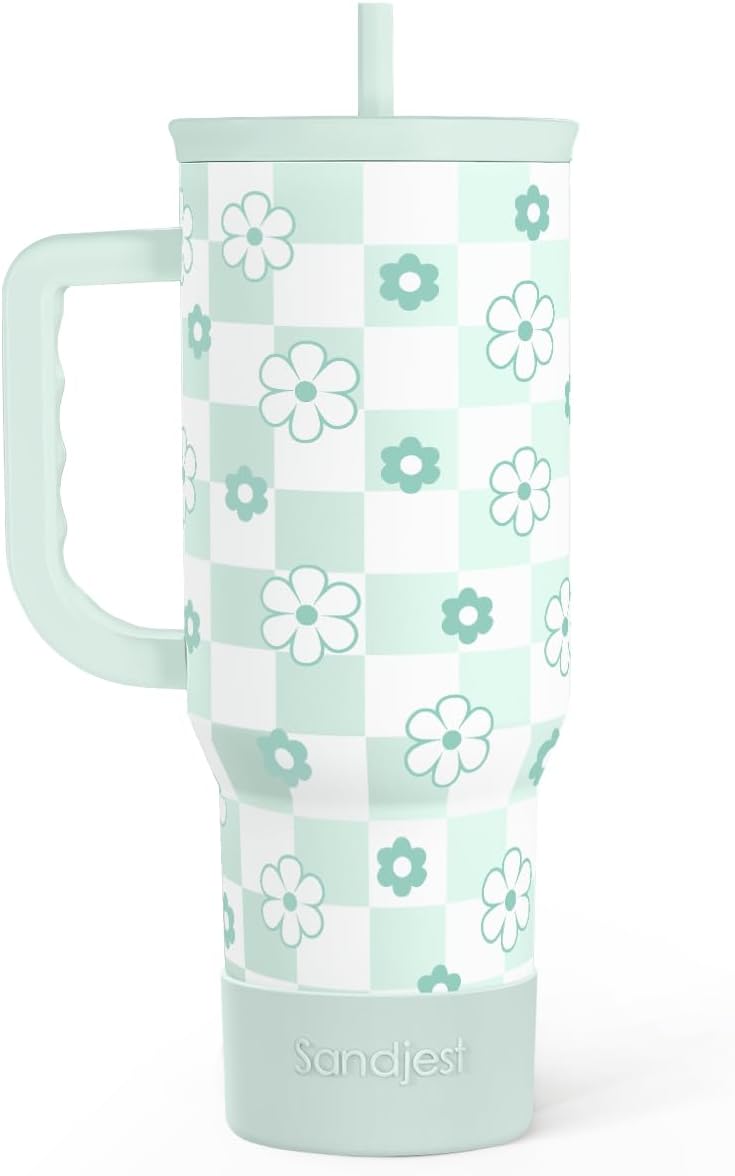 SANDJEST Vaso de 40 onzas con asa y pajilla, taza de café de viaje de acero inoxidable aislado para mujeres, niñas, amantes de la playa, idea de regalo para cumpleaños, Navidad, día de la madre, vacaciones de verano (color)